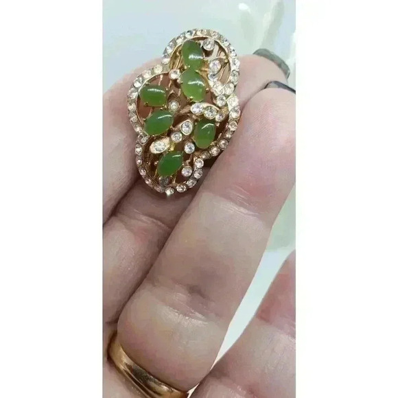 Vintage Brooch Jade 10k Gold Filled Rhinestone Accents art deco Flower Leaves - Picture 11 of 13